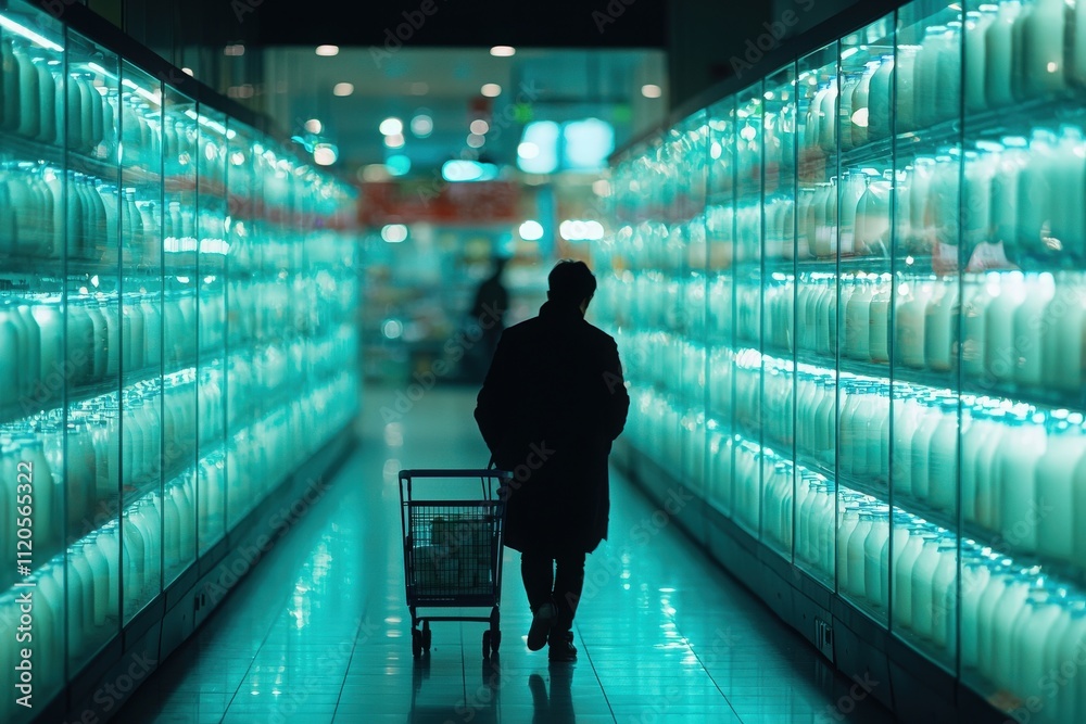 A person strolls down a grocery store aisle illuminated by bright lights, surrounded by rows of milk bottles. The atmosphere feels quiet and inviting during the evening hours.