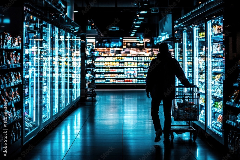 A person walks through a grocery store during nighttime, pushing a shopping cart. Brightly lit display cases showcase various products, creating a vibrant atmosphere.