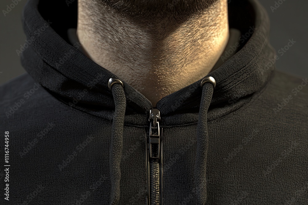 A person wearing a black hoodie is shown in close-up, focusing on the zipper and fabric texture. The subdued lighting emphasizes the details of the clothing and the individuals neck.