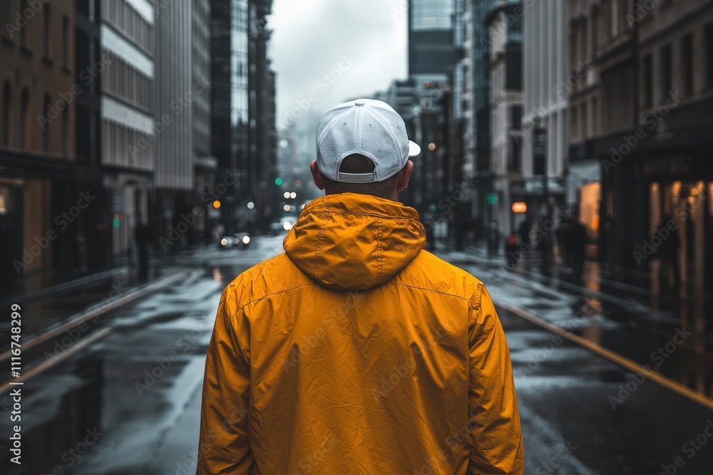 A person wearing a bright yellow jacket stands on a wet city street, gazing into the distance. Tall buildings surround the area, and the atmosphere is gray and moody due to overcast skies.