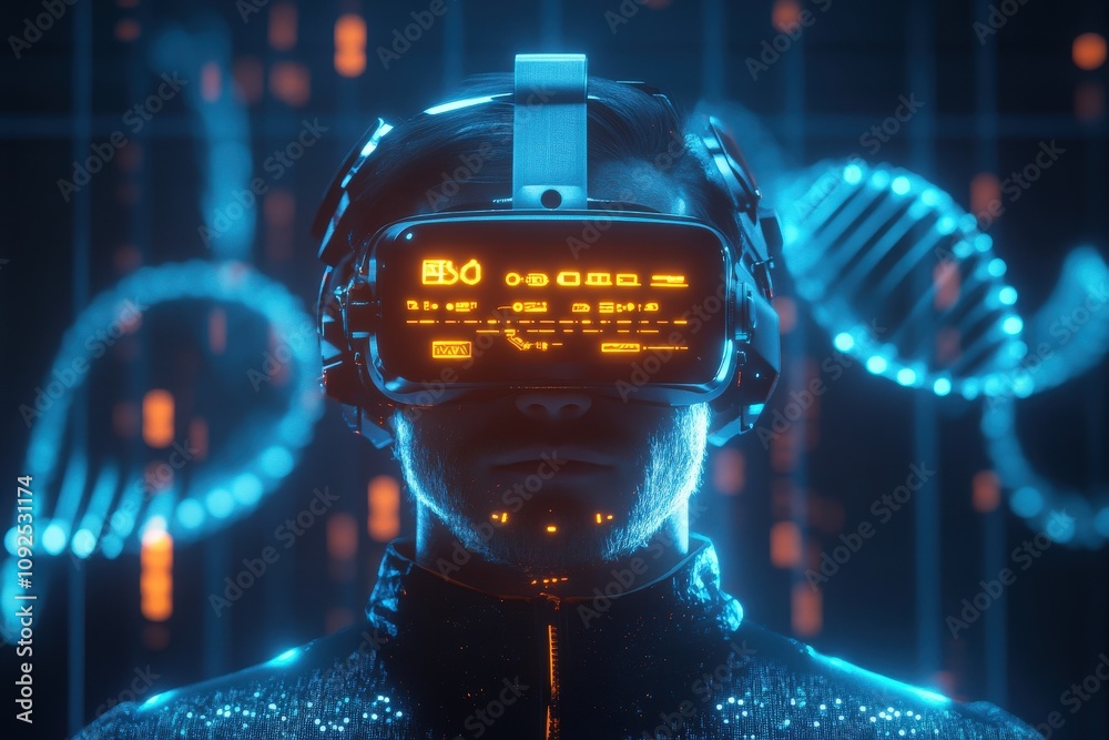 A person wearing a futuristic virtual reality headset stands against a backdrop of glowing digital patterns.