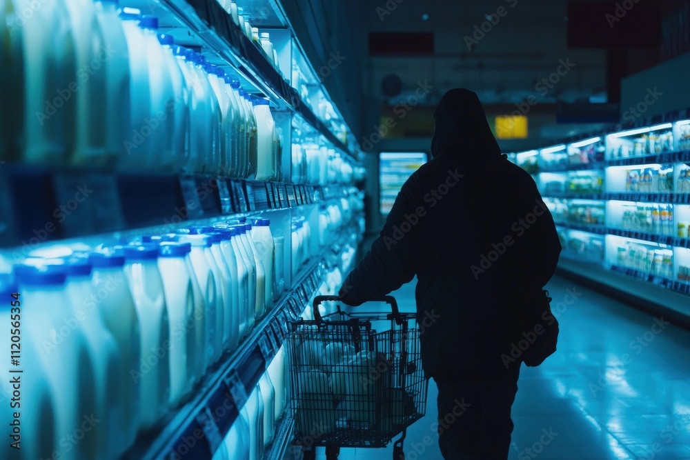 A person wearing a hooded jacket pushes a shopping cart down a grocery aisle filled with brightly lit milk cartons. The atmosphere seems calm and quiet.