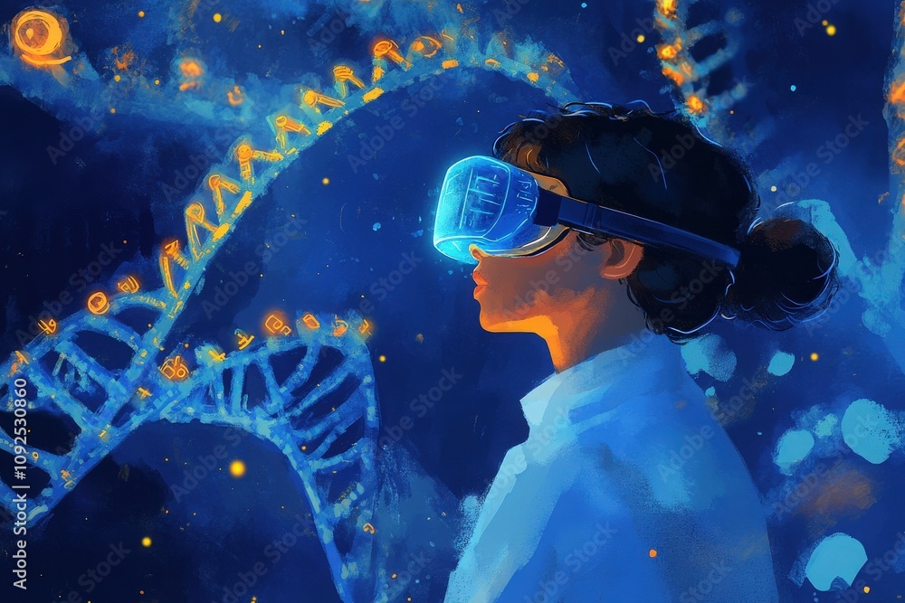 A person wearing virtual reality goggles gazes upwards, immersed in a digital environment of DNA strands. The vibrant blue backdrop highlights the blend of technology and genetics in research.
