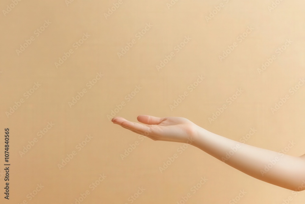 A persons hand extends outward, showcasing a soft beige flyer mockup against a minimalist neutral backdrop, ideal for presenting design concepts or marketing materials.
