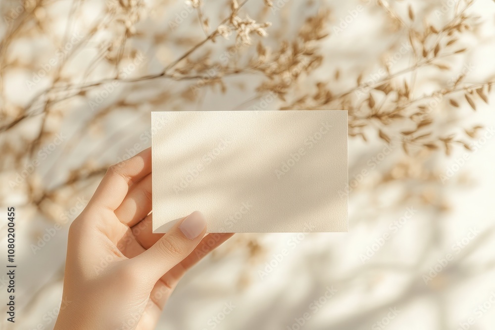 A persons hand presents a soft beige postcard mockup, surrounded by delicate dried leaves. The natural light enhances the serene and minimalist setting, inviting creative inspiration.