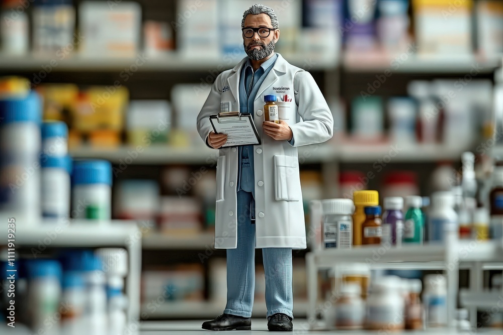 A pharmacist holds a clipboard and a medicine bottle while positioned in a pharmacy aisle surrounded by various medication bottles and containers.