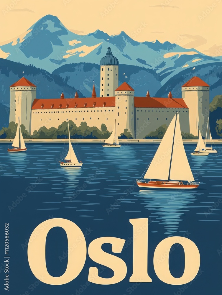A picturesque castle stands majestically by the water, surrounded by mountains and dotted with sailboats. This vibrant depiction captures the charm of Oslo, Norway, creating a serene atmosphere.