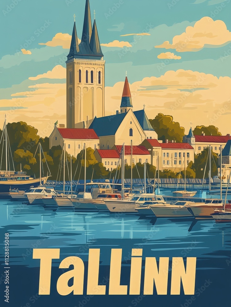A picturesque harbor in Tallinn showcases a variety of boats anchored against a backdrop of stunning medieval architecture. This vibrant scene captures the charm of the city at dusk.