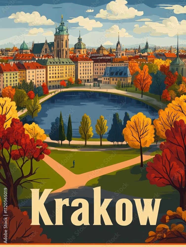 A picturesque landscape of Krakow during autumn features vibrant foliage in shades of orange and yellow. A tranquil lake reflects the historic buildings and clouds in the sky.