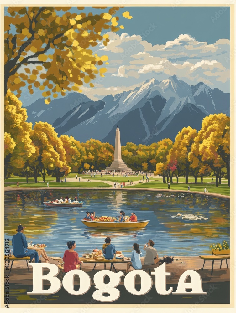 A picturesque park in Bogota features people relaxing by a serene lake.