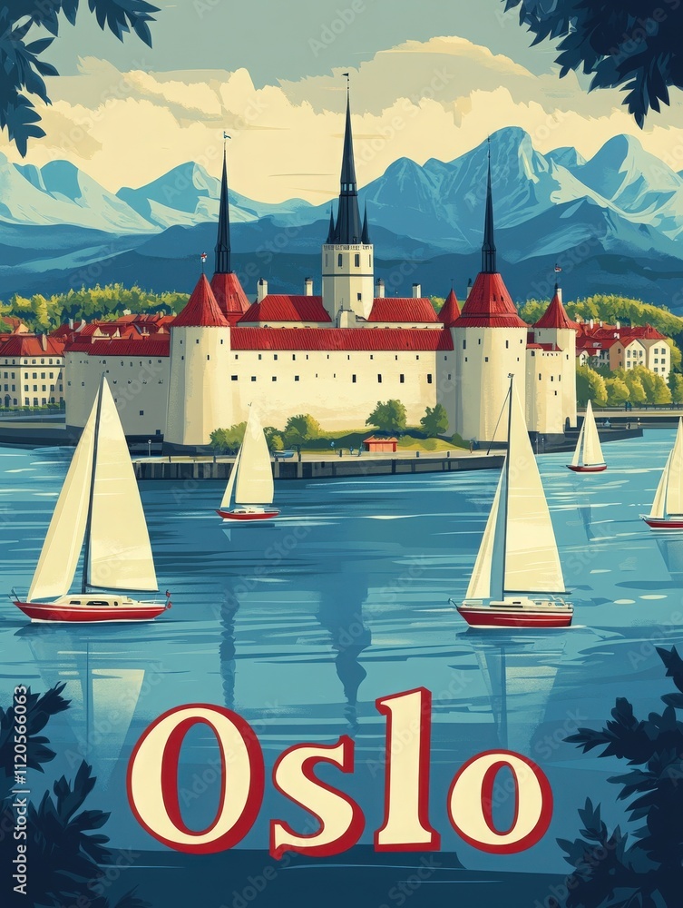 A picturesque scene shows a historic castle with tall spires surrounded by mountains. Sailboats glide across the calm waters, creating a tranquil atmosphere in Oslos enchanting landscape.
