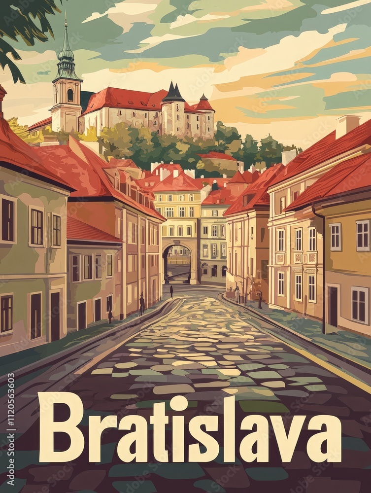 A picturesque street in Bratislava features charming buildings with red roofs and cobblestone pathways. The impressive Bratislava Castle looms in the background, adding to the citys historic allure.