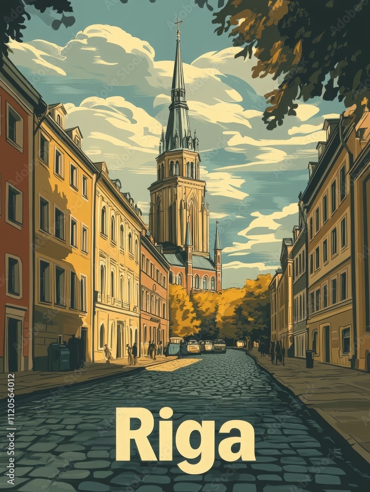 A picturesque street in Riga features colorful buildings lining the cobblestone path. The tall church spire dominates the skyline, framed by a dramatic sky filled with clouds.
