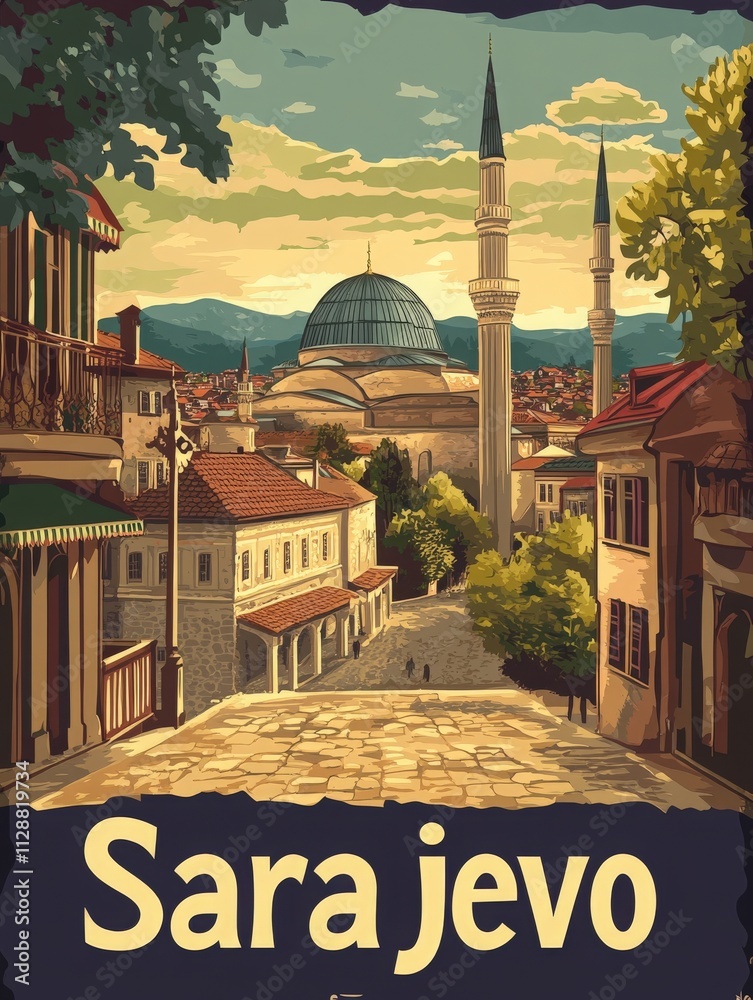 A picturesque street in Sarajevo shows charming buildings, a prominent mosque, and distant mountains. The warm light of dusk enhances the beauty of this historic city.