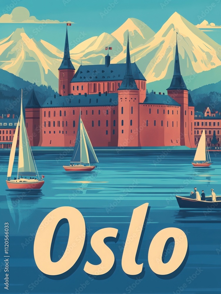 A picturesque view featuring a historic castle in Oslo surrounded by majestic mountains. Sailboats glide across the tranquil water, showcasing the beauty of the Norwegian landscape.