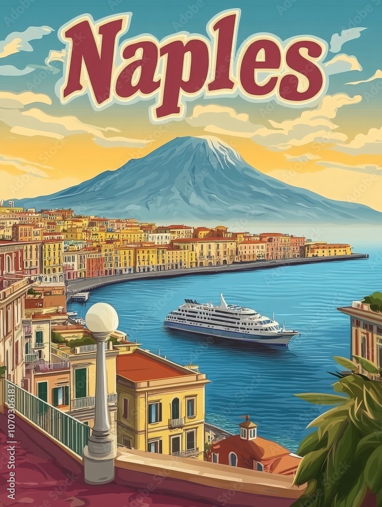 A picturesque view of Naples captures colorful buildings lining the coast, with a serene harbor featuring a cruise ship and the majestic silhouette of Mount Vesuvius in the background.