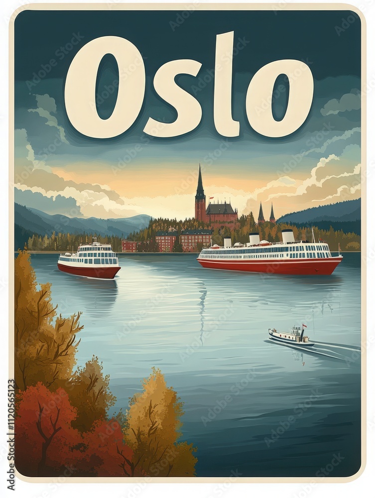 A picturesque view of Oslo showcases two large boats and a small vessel gliding across a calm lake. Behind, lush mountains frame a charming cityscape dotted with historic buildings.