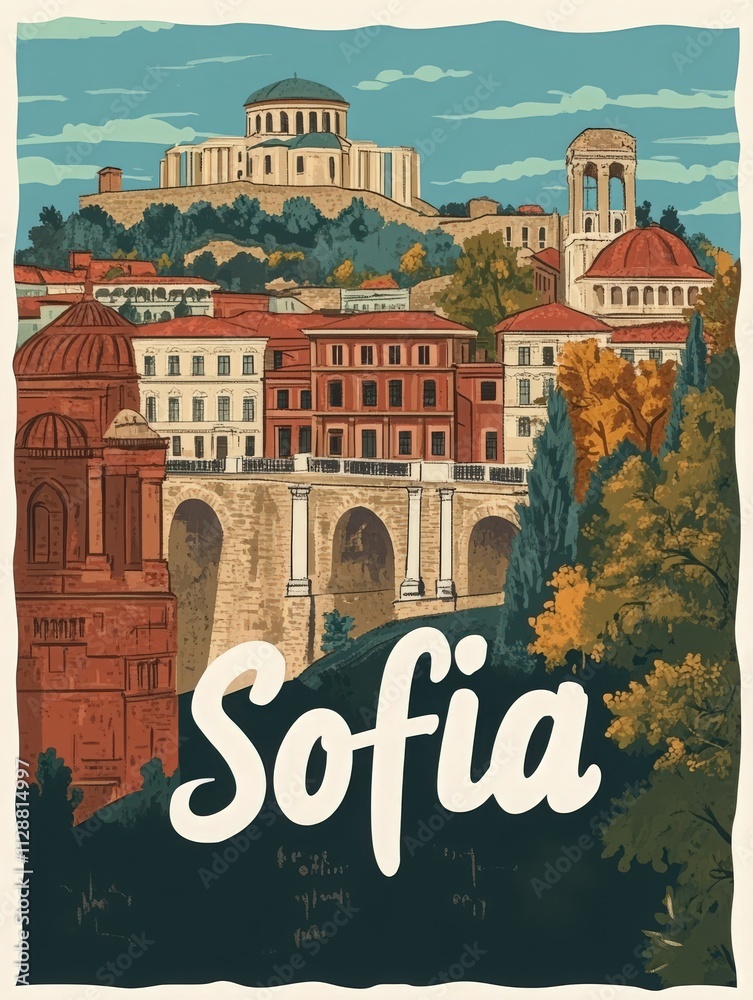 A picturesque view of Sofia showcases its rich architecture, featuring historic buildings and lush greenery. The scene highlights the citys blend of modern and classic styles in a serene setting.