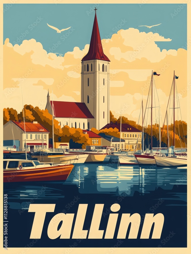 A picturesque view of Tallinns skyline featuring a historic church and a marina filled with sailing boats. The vibrant sky reflects the charming coastal atmosphere of this Estonian city.