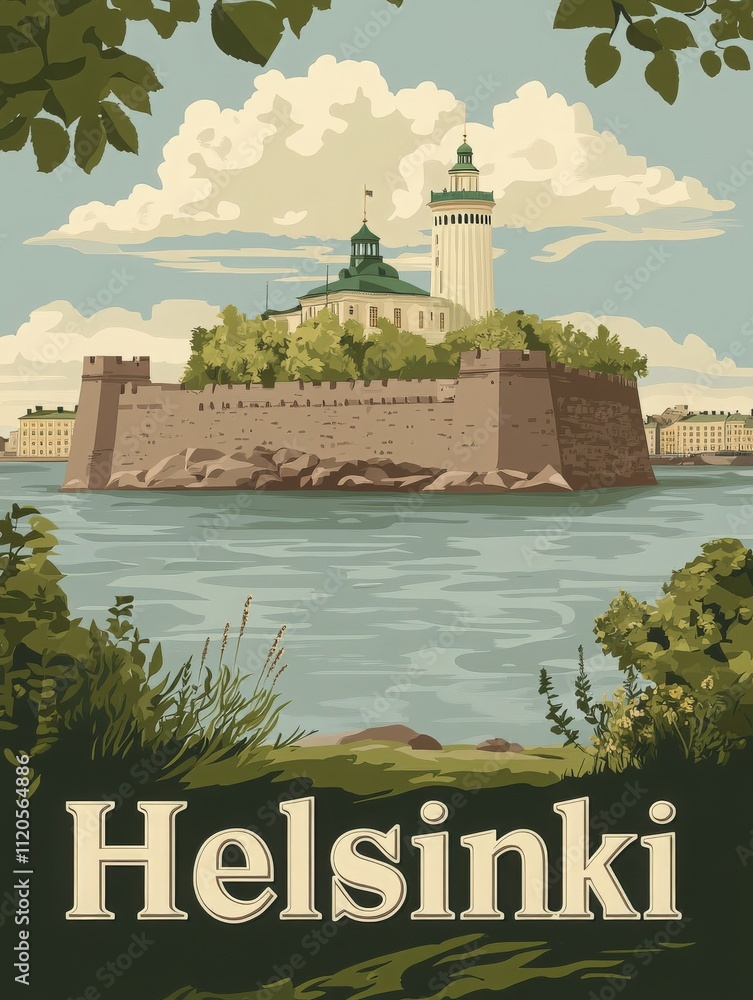 A picturesque view of a historic fortress island featuring a lighthouse, surrounded by calm waters. The scene is framed by lush greenery, embodying a serene atmosphere in Helsinki.