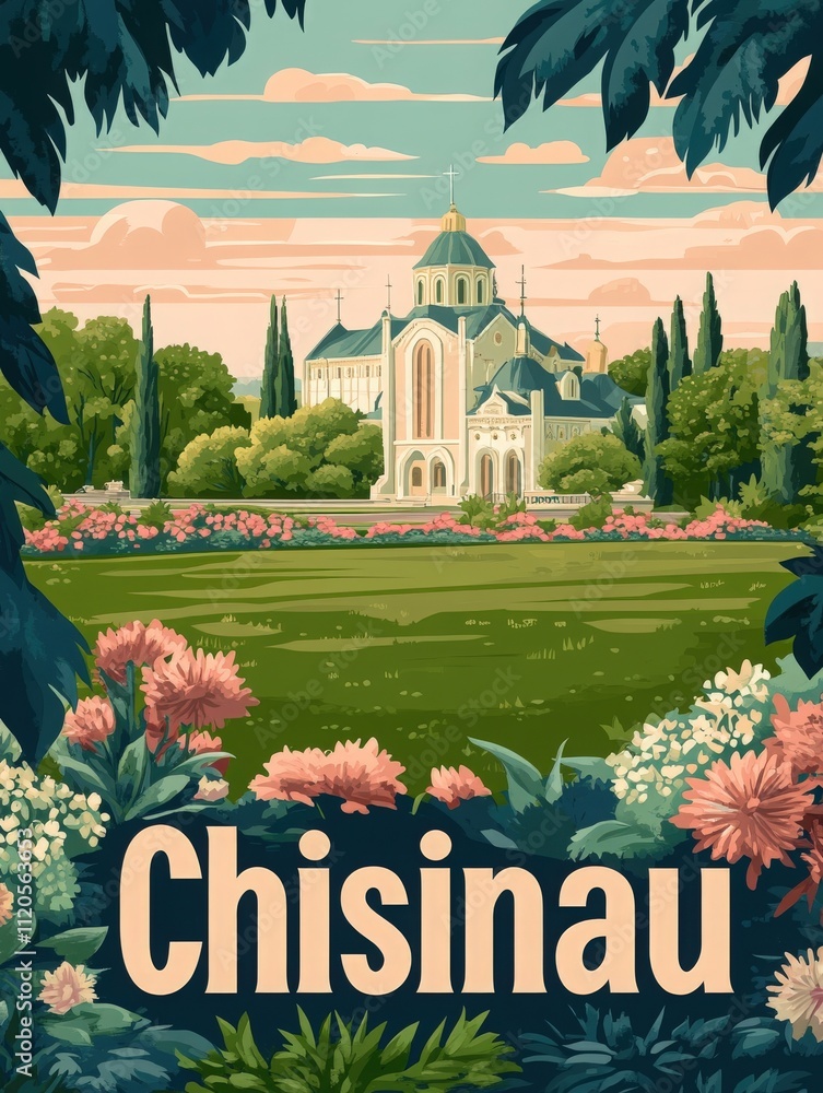 A picturesque view reveals a grand building surrounded by lush greenery and vibrant flowers. The calm atmosphere invites visitors to enjoy the scenic beauty of Chisinau during a bright day.