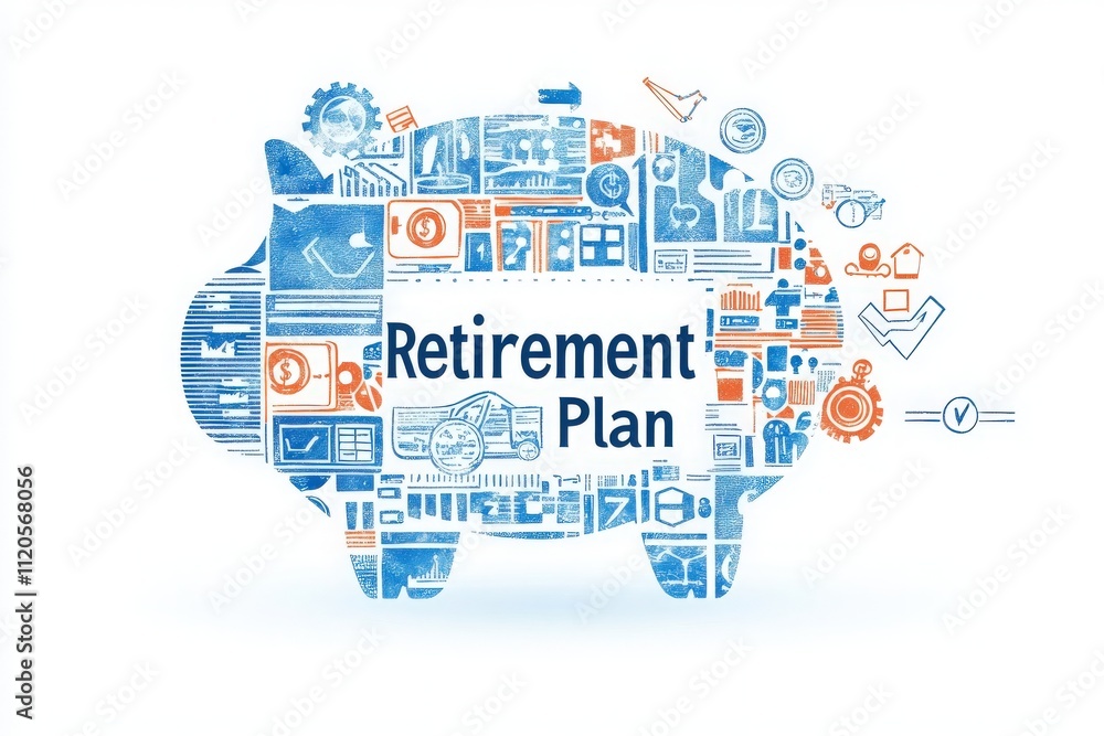 A piggy bank filled with various financial icons illustrates retirement planning. It emphasizes the importance of saving and investing for future financial security and stability.