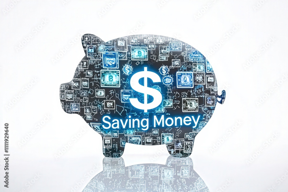 A piggy bank silhouette is filled with various financial symbols and dollar signs, representing the concept of saving money.