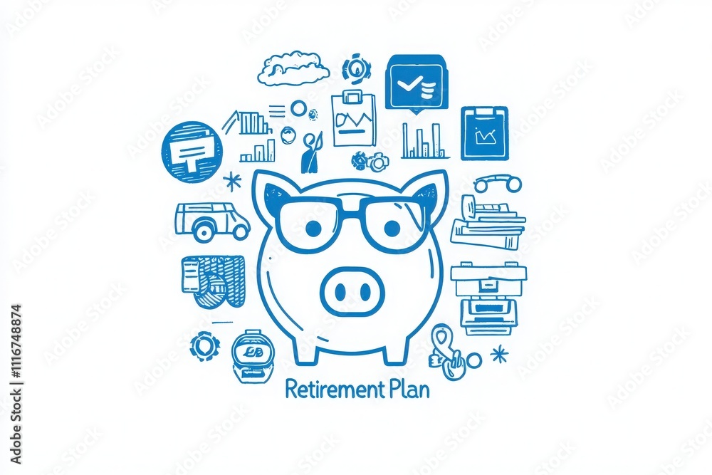 A piggy bank wearing glasses is surrounded by various financial and planning icons, representing retirement strategies. This visual conveys the importance of thoughtful financial planning.