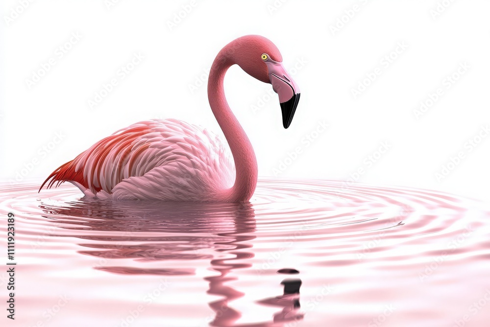 A pink flamingo swims elegantly in tranquil waters, creating gentle ripples as the sun sets, casting a warm glow on its feathers. The serene atmosphere enhances the scenes beauty.
