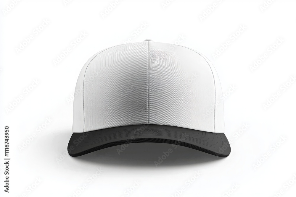 A plain white cap featuring a black brim sits against a white background, allowing for customization. Ideal for sports, outdoor activities, or casual wear, it complements diverse outfits.