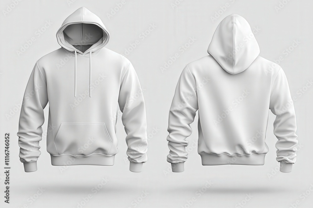 A plain white hoodie is showcased from both the front and back perspectives. The garment features a classic design with a hood and drawstrings, ideal for casual wear or apparel design.