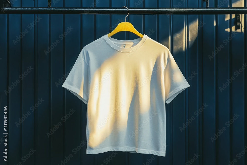 A plain white shirt hangs on a yellow hanger. Sunlight casts warm tones on the fabric, creating a striking contrast against a dark background, highlighting its simplicity and texture.