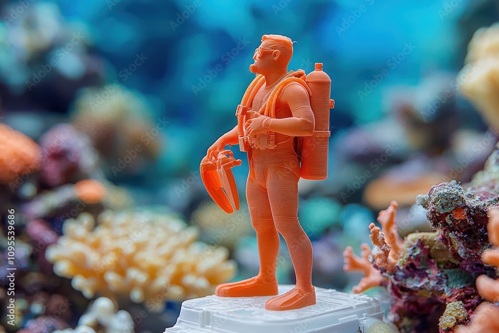 A plastic diver model stands on a base, gazing at the vibrant coral reef teeming with colorful marine life. Sunlight filters through the water, enhancing the underwater scenery.