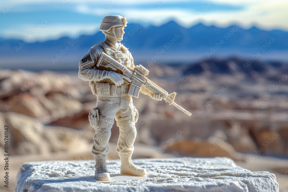 A plastic soldier figurine stands alert with a rifle in a desert setting. Mountains rise in the background under a brilliant blue sky, capturing a moment of vigilance.