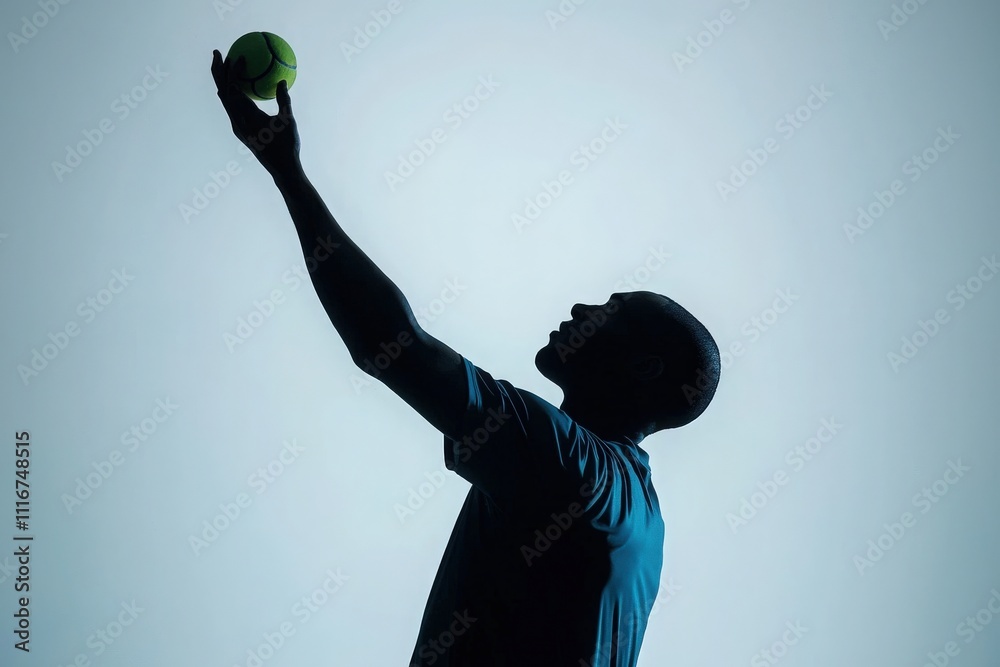 A player prepares to serve a tennis ball, captured in silhouette. The setting features a bright background that highlights the players focused expression and athletic form.