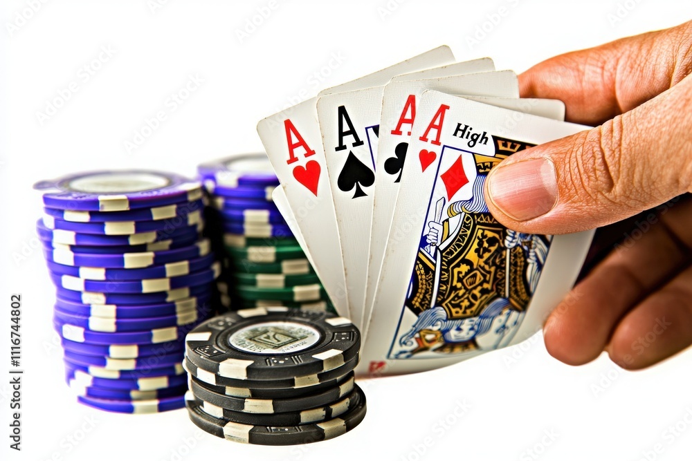 A player reveals a winning hand of four aces in a poker game. Colorful chips are piled nearby, indicating a competitive atmosphere typical of a casino setting.