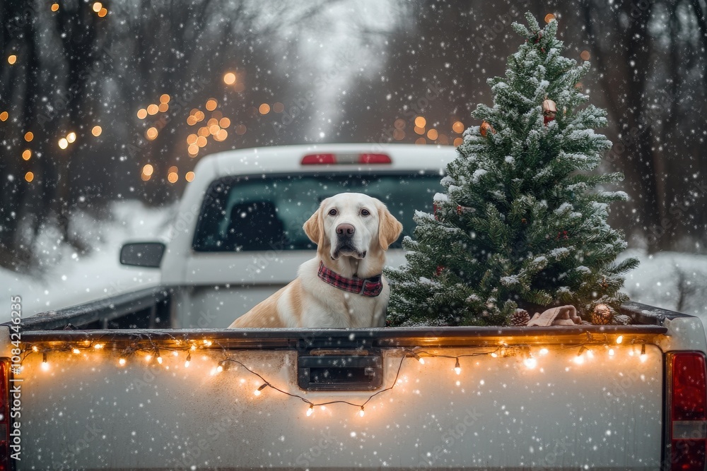 A playful Labrador retriever enjoys a snowy day while sitting in the bed of a pickup truck. A festive Christmas tree with lights stands next to the dog, creating a charming winter scene.