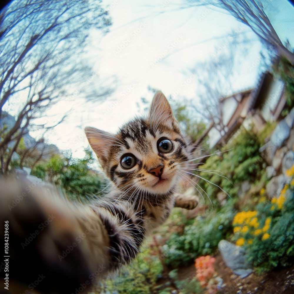 A playful kitten reaches out as it explores a colorful garden filled with blooming flowers under the afternoon sun. Its wide eyes reflect curiosity and excitement in the beautiful surroundings.