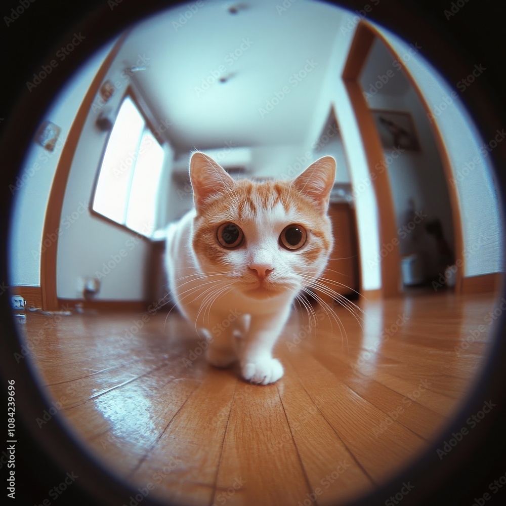 A playful little cat roams through a warm and inviting living room. The soft light illuminates its fur as it walks curiously, creating a charming atmosphere.