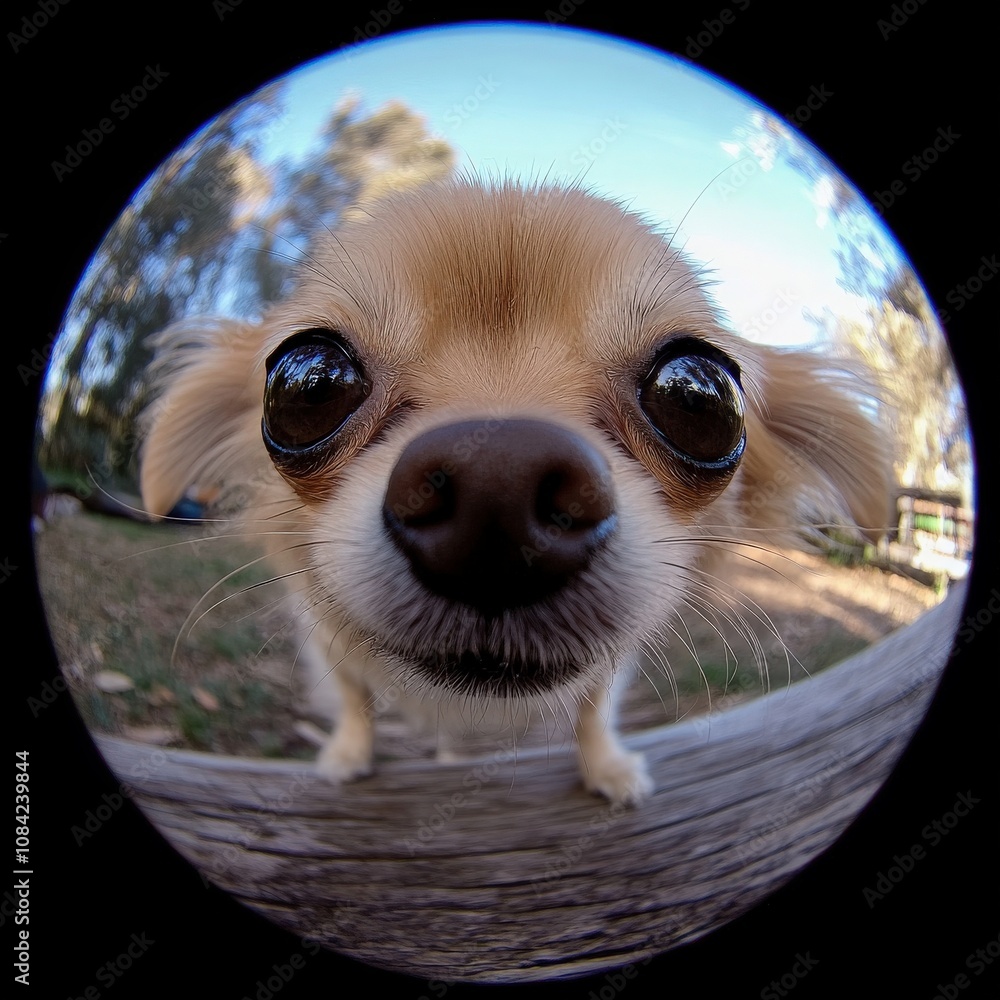 A playful little dog curiously investigates its surroundings while enjoying a sunny afternoon in the park. Its big eyes and lively demeanor add to the charm of the moment.