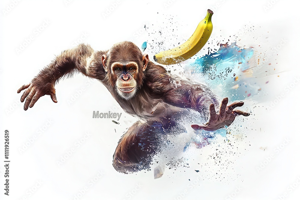 A playful monkey lunges forward, reaching for a banana amidst a burst of vibrant colors. Its expression reflects determination and joy, creating a lively atmosphere.