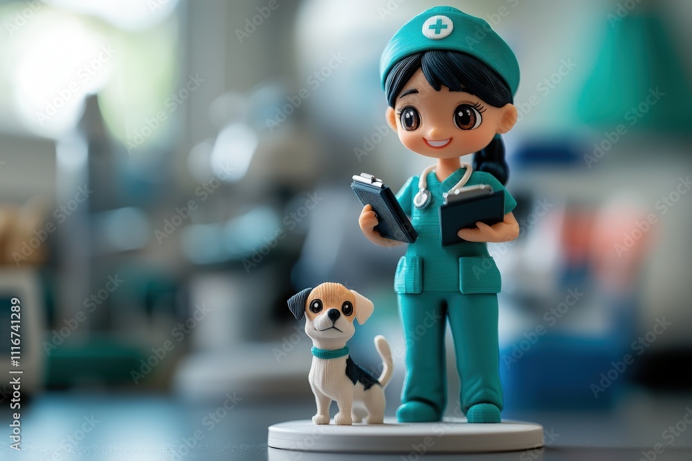 A playful nurse figure in scrubs holds a clipboard, accompanied by an adorable small dog. This delightful scene captures a warm bond in a medical environment, symbolizing compassion.
