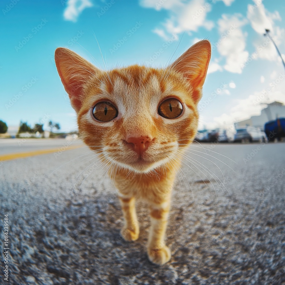 A playful orange cat meanders down a sunlit street, its curious expression capturing the afternoon light. The fluffy feline appears friendly and lively as it explores its surroundings.