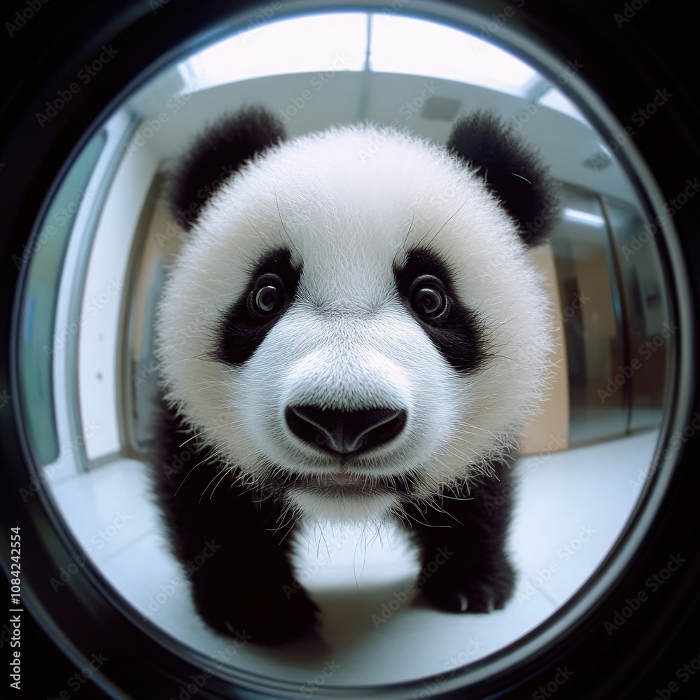 A playful panda curiously moves around its indoor habitat, showcasing its adorable features and playful nature.