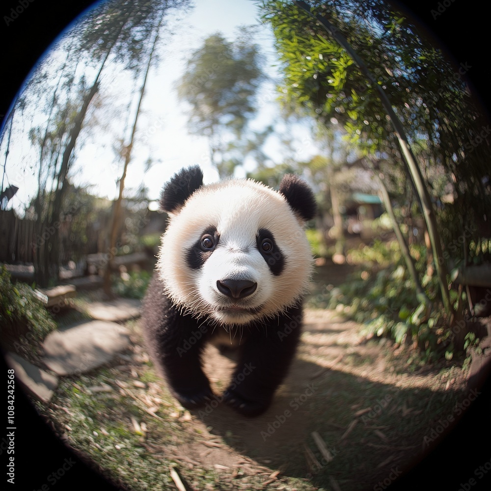 A playful panda moves slowly through a vibrant bamboo grove, enjoying the warmth of the sun and the peaceful surroundings. Its curious expression captures the joy of this natural setting.