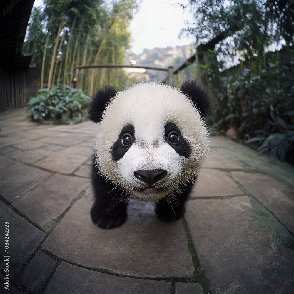 A playful panda roams its green habitat, showcasing its adorable features and curious nature. Surrounded by bamboo, it embodies the charm of wildlife in a tranquil atmosphere.