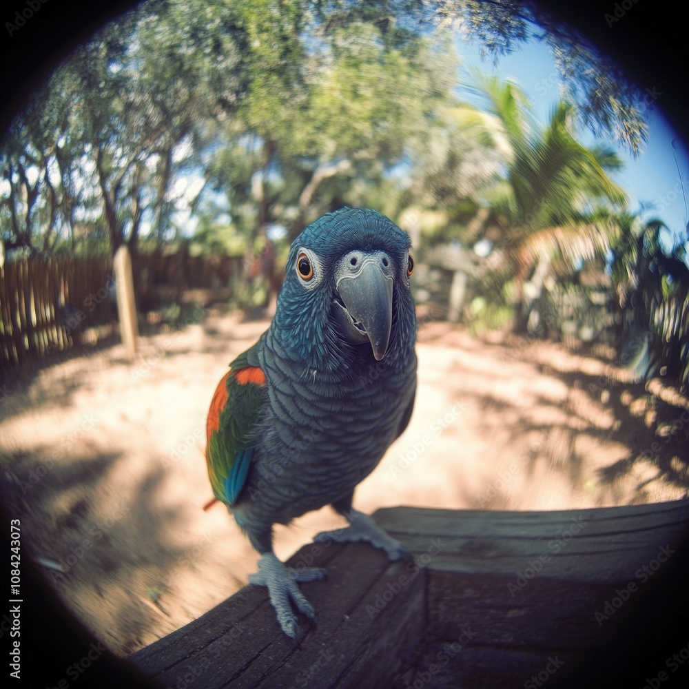 A playful parrot with vibrant feathers is curiously interacting with its environment in a lush garden. The warm sunlight highlights the greenery and creates a lively atmosphere.