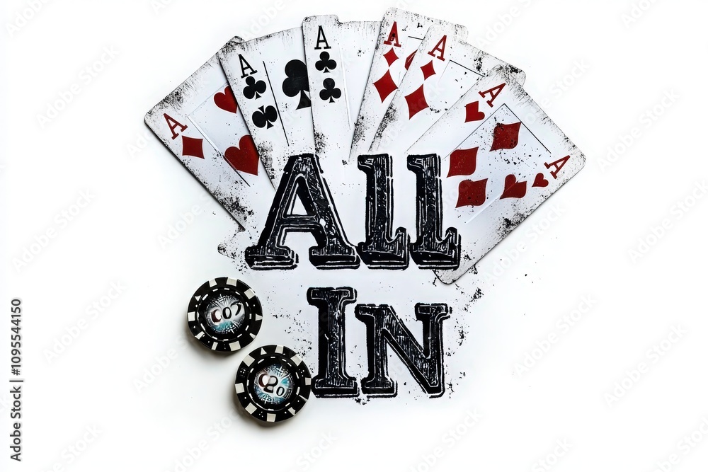 A poker setup showcases four aces prominently displayed alongside the phrase All In and two poker chips. The scene conveys excitement and anticipation of a high-stakes game.