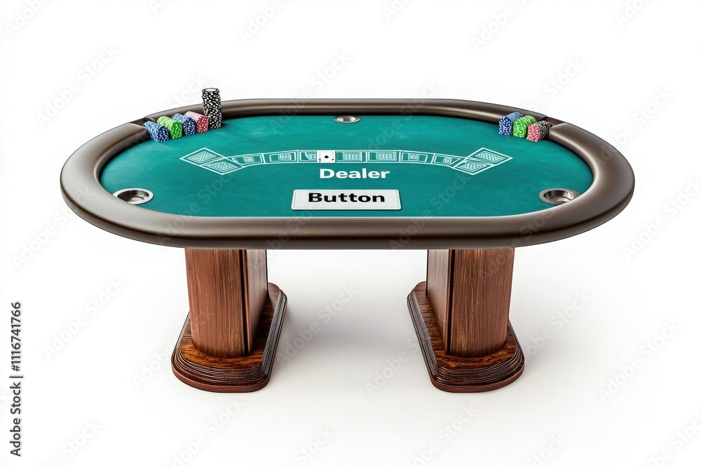 A poker table is arranged for a game night, featuring a prominent dealer button and stacks of colorful chips on the edges. The green felt surface enhances the gaming atmosphere.