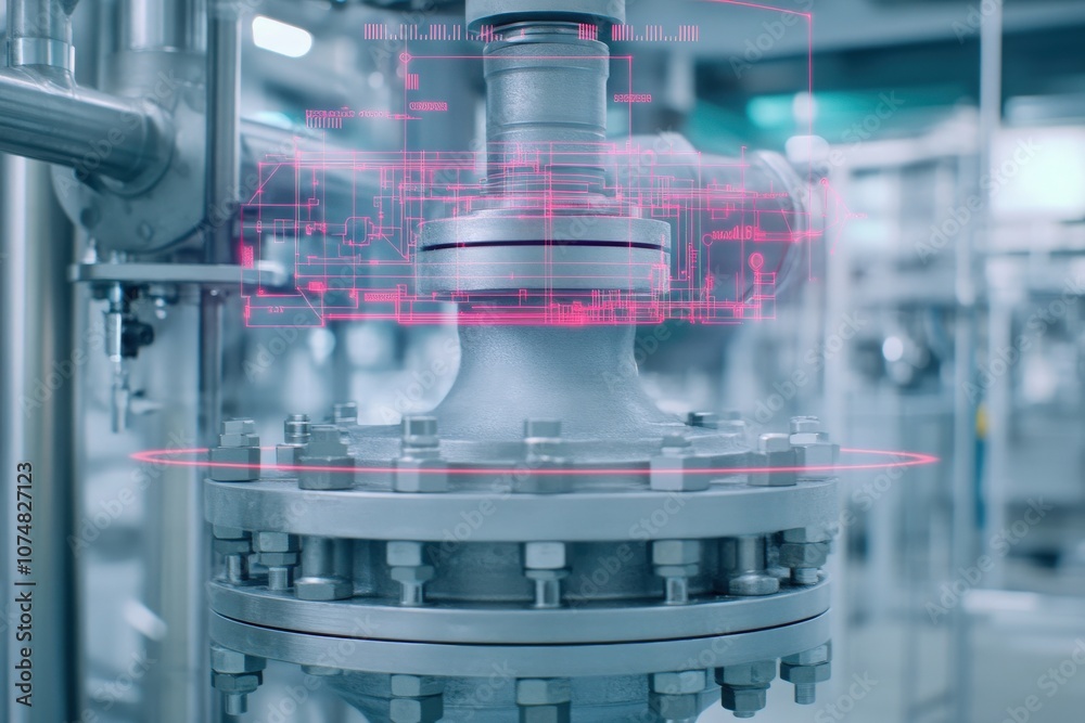 A portable diagnostic tool is shown examining industrial machinery in a modern facility. The tool interacts with the equipment through advanced technology for performance evaluation.